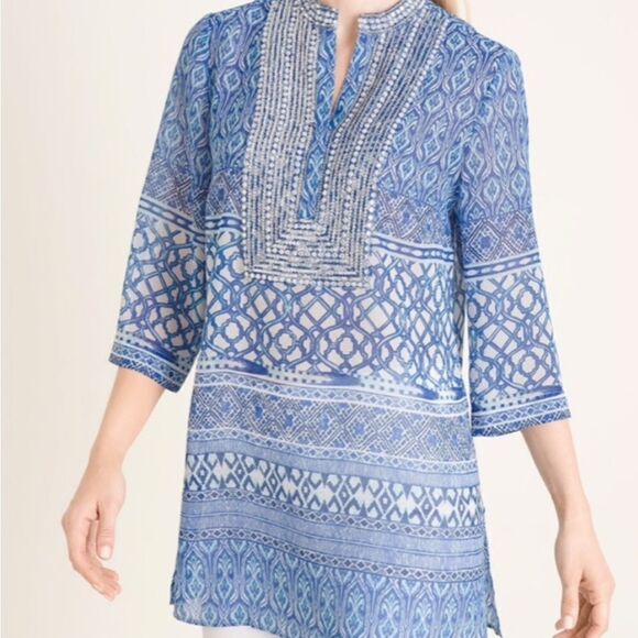 Chico's Petite Blue Mixed Print Silver Sequin Embellished Tunic Top - Picture 4 of 9